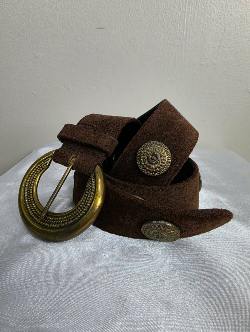 Vintage Brown Suede Belt with Ornate Brass Buckle - Picture 1 of 10